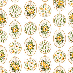 Seamless floral pattern with hoops and embroidered yellow bouquet of flowers - 424217000