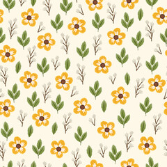 Seamless floral pattern with embroidered leaves and yellow flowers - 424217030