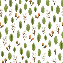 Seamless pattern with embroidered leaves and small flowers on a white background - 424217061