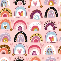 Stickers pour porte Arc-en-ciel Modèle sans couture enfantin avec des arcs-en-ciel, des fleurs et des coeurs abstraits dessinés à la main. Arrière-plan vectoriel tendance pour enfants.
