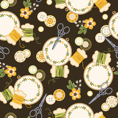 Seamless pattern with composition and embroidery hoops, scissors, buttons and threads. - 424217083