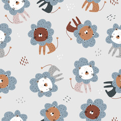 Seamless childish pattern with cute lions on gray. Perfect for fabric,textile. Creative Vector background