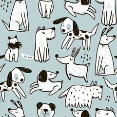 Seamless pattern with cute hand drawn dogs. Creative childish texture in scandinavian style. Great for fabric, textile Vector Illustration - 424217613