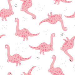 Childish seamless pattern with cute pink dinozaurs. Creative vector childish background for fabric, textile