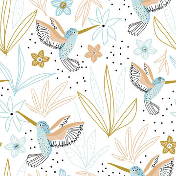 Seamless childish pattern with hand drawn collibi,florals. Creative scandinavian style kids texture for fabric, wrapping, textile, wallpaper, apparel. Vector illustration