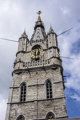 Grand Belfry of Ghent (late 14th century, 91m tower) - symbol of city Ghent. Ghent. Belgium.
