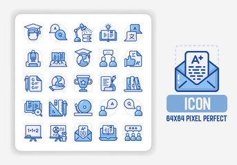 Simple Icons Set of Education Vector in blue tone design. 64x64 Pixel Perfect
