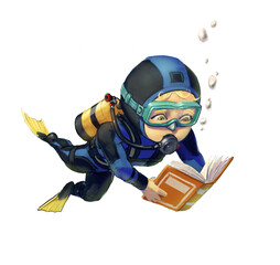 Personnage enfant qui lit sous l'eau, plongée sous marine