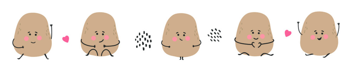 Cute hand drawn potato collection on white background. Childish smiling character set for your design. Vector illustration.