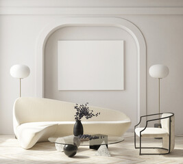 mock up poster frame in modern interior background, living room, Art Deco style, 3D render, 3D illustration