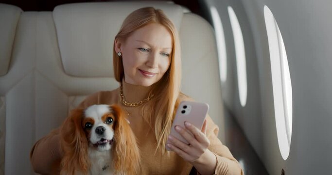 Beautiful rich woman with dog using smartphone in private first class plane