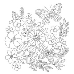 Outline vector drawing of flowers and butterflies for adult coloring books. Page of floral elements in black and white.