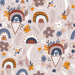 Boho style seamless pattern with hand drawn rainbows, hearts, flowers, birds and ice cream. Trendy kids vector background.