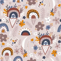 Behang Bloemenmotief Boho-stijl naadloos patroon met handgetekende regenbogen, harten, bloemen, vogels en ijs. Trendy kinderen vector achtergrond.