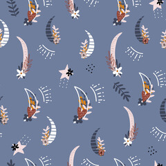 Boho style seamless pattern with hand drawn floral moons and stars. Trendy kids vector background. Perfect for textile, apparel, fabric design.