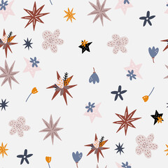 Boho style seamless pattern with hand drawn floral stars. Trendy floral vector background. Perfect for textile, apparel, fabric design.