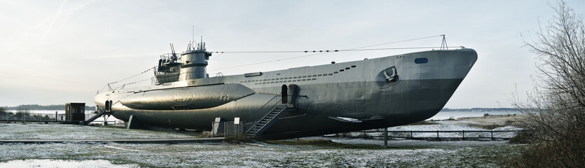 German submarine U-995. Dramatic sky, storm clouds. Museum ship, Laboe Naval Memorial. Germany....