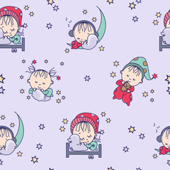 Seamless patterns. Cute little kids sleep sweetly on a pillow, bed and on the moon on purple background with stars. Vector. kids collection for design, decor, print, packaging, textiles and wallpaper