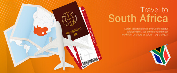 Travel to South Africa pop-under banner. Trip banner with passport, tickets, airplane, boarding pass, map and flag of South Africa.