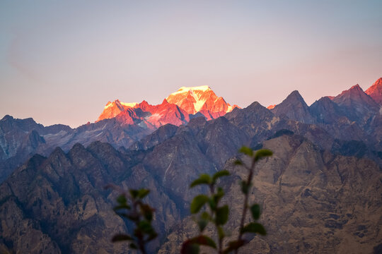 Mesmerizing view of Himalaya during sunset from Kuari pass hiking trail near Auli, Uttarakhand, India.