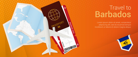 Travel to Barbados pop-under banner. Trip banner with passport, tickets, airplane, boarding pass, map and flag of Barbados.