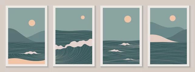 Zelfklevend Fotobehang Abstract contemporary aesthetic landscapes set with Sun, Sea, wave, mountains. Mid century modern minimalist line art print. Backgrounds in retro asian japanese style. Vector illustrations © Hanna