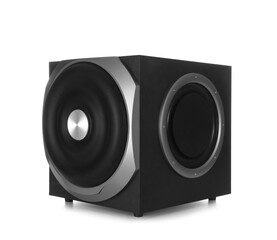 Modern subwoofer isolated on white. Powerful audio speaker