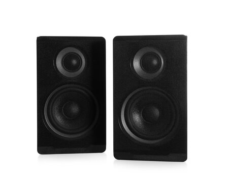 Modern powerful audio speakers on white background