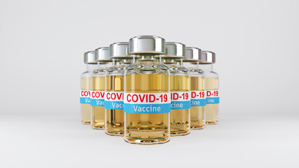 A lot of Covid-19 Vaccine bottles line up in the row. close-up detail in bottles 3d render