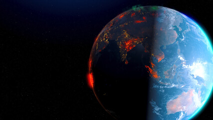 Earth wildfire view from space rotation night skyline. Greenhouse gas effect. Realistic 3d rendering animation.