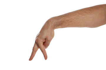 Man imitating walk with hand on white background, closeup. Finger gesture