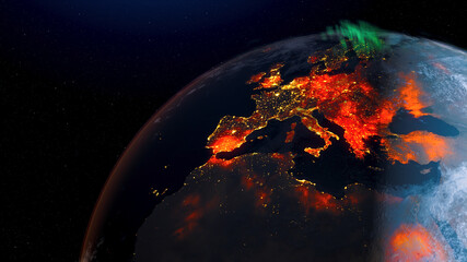 Earth wildfire view from space night skyline. Greenhouse gas effect. Realistic 3d rendering animation.