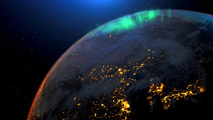 Earth from space night skyline. Realistic 3d rendering