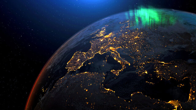 Earth from space night skyline. Realistic 3d rendering animation.