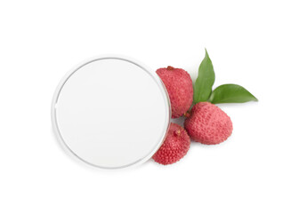 Freshly made lychee juice on white background, top view