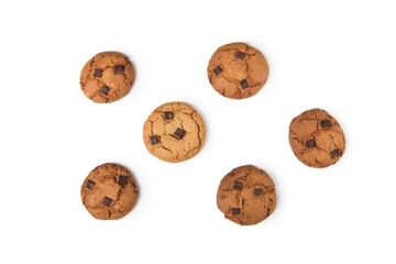 Chocolate chip cookies with chocolate pieces. Isolated on white. Top view. Copy space