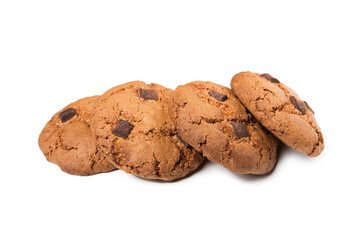 Chocolate chip cookies with chocolate pieces. Isolated on white. Close-up view