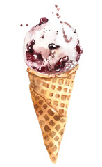 Watercolor illustration of a ball of ice cream in a waffle cone. Cherry ice cream with chocolate chips.