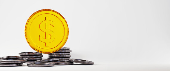 3D render of black and golden coins. Shopping online and e-commerce on web business concept. Secure online payment transaction with smartphone.