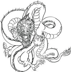 Hand drawn Silhouette dragon.Chinese dragon tattoo.Black and white Traditional Japanese dragon.Dragon is Magical creatures known in Chinese and Western literature.