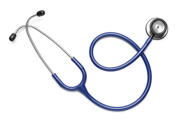 Modern stethoscope on white background, top view