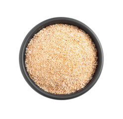 Fresh bread crumbs in bowl isolated on white, top view
