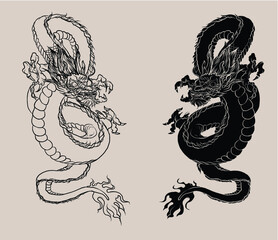 Hand drawn Silhouette dragon.Chinese dragon tattoo.Black and white Traditional Japanese dragon.Dragon is Magical creatures known in Chinese and Western literature.