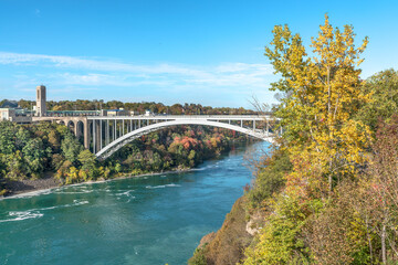 Rainbow bridge between USA and Canada and surrounding Niagara river shore
