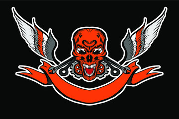 skull with wing and tool on label background. Sticker and printing for biker
