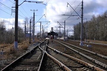 Fototapeta na wymiar Lastochka electric train at Novy Peterhof station, Saint Petersburg, Russia