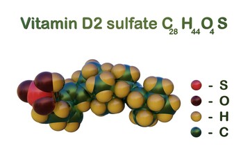 Structural chemical formula and space-filling molecular model of ergocalciferol or vitamin D2 sulfate, isolated on white background. 3d illustration