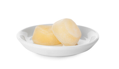 Plate with delicious mochi on white background. Traditional Japanese dessert
