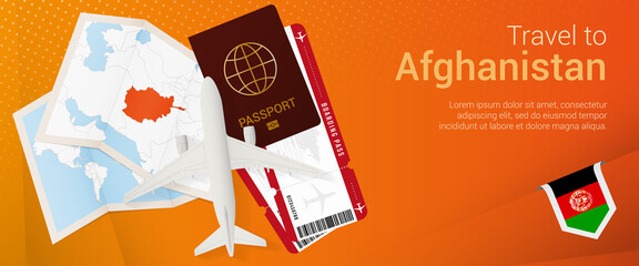 Travel to Afghanistan pop-under banner. Trip banner with passport, tickets, airplane, boarding pass, map and flag of Afghanistan.