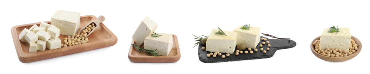 Set with delicious tofu on white background. Banner design